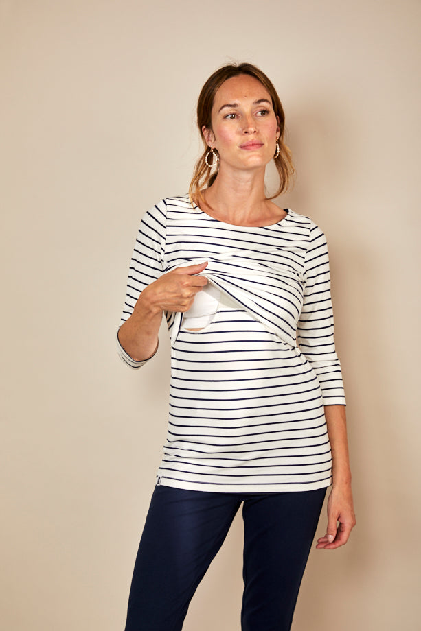Bshirt Nursing 3/4th Sleeve T-shirt in White & Navy Stripe