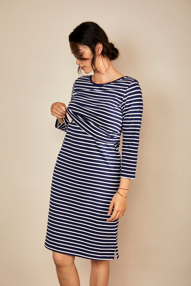 Bshirt Nursing Dress in Navy & White Stripe