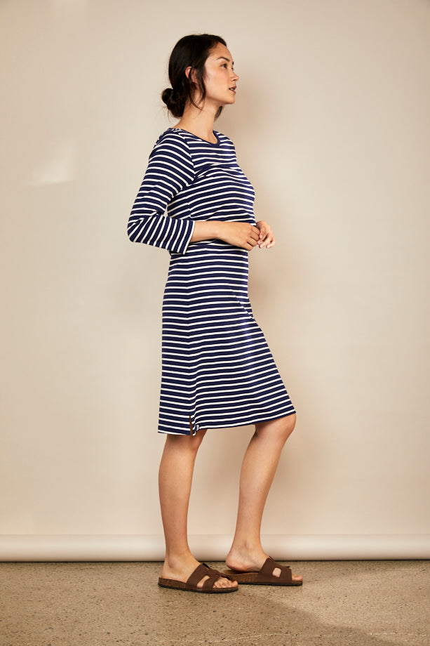 Bshirt Nursing Dress in Navy & White Stripe