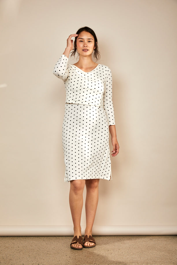 Bshirt Nursing Dress in Cream & Black Spots