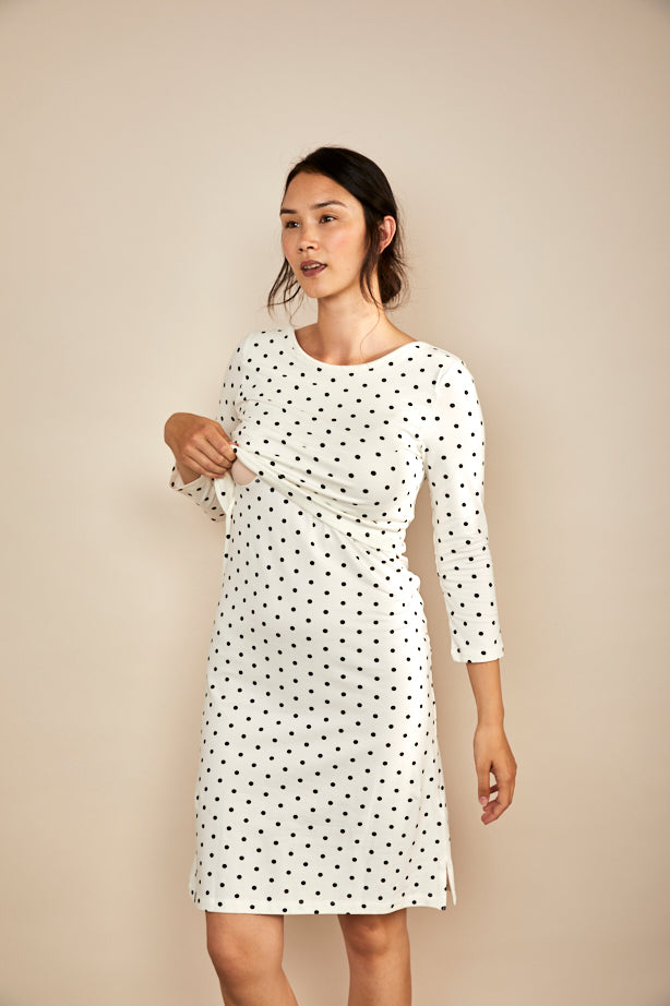 Bshirt Nursing Dress in Cream & Black Spots