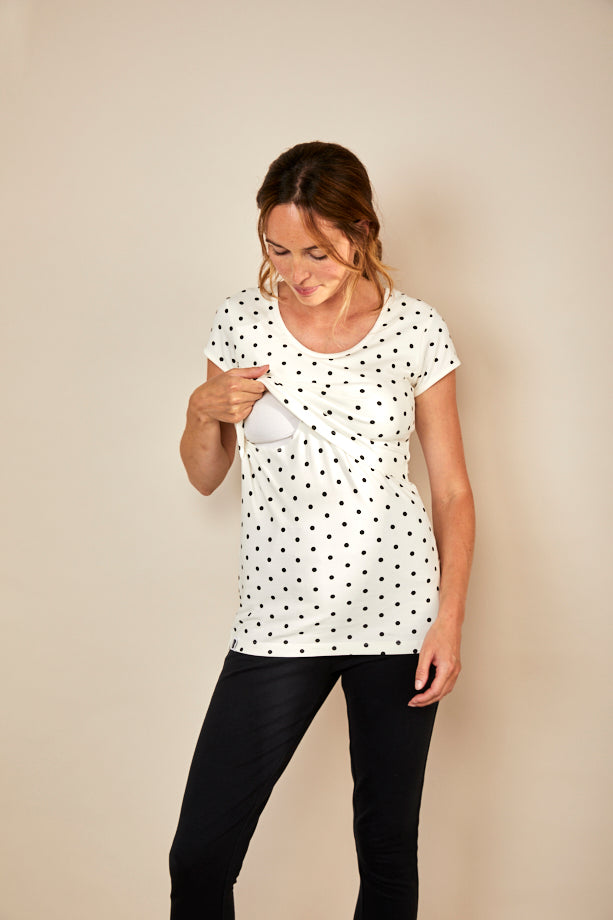 Bshirt Nursing Short Sleeve T-shirt in Cream & Black Spots