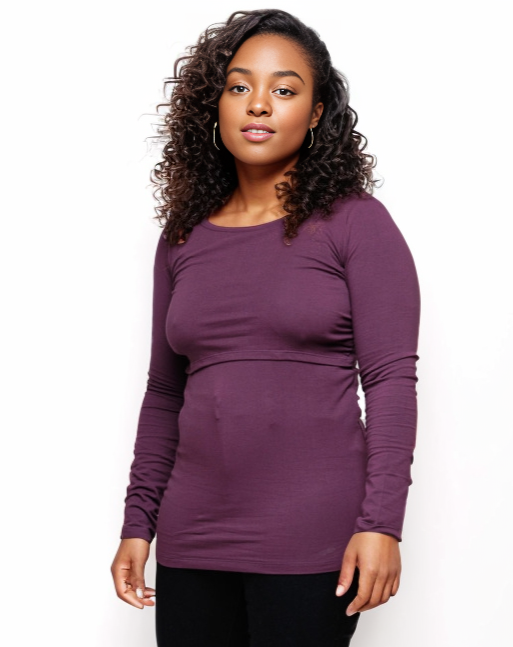 Organic Cotton Nursing Long sleeve T shirt No Clips or Zips Perfect Fit for Busy Mums Plum