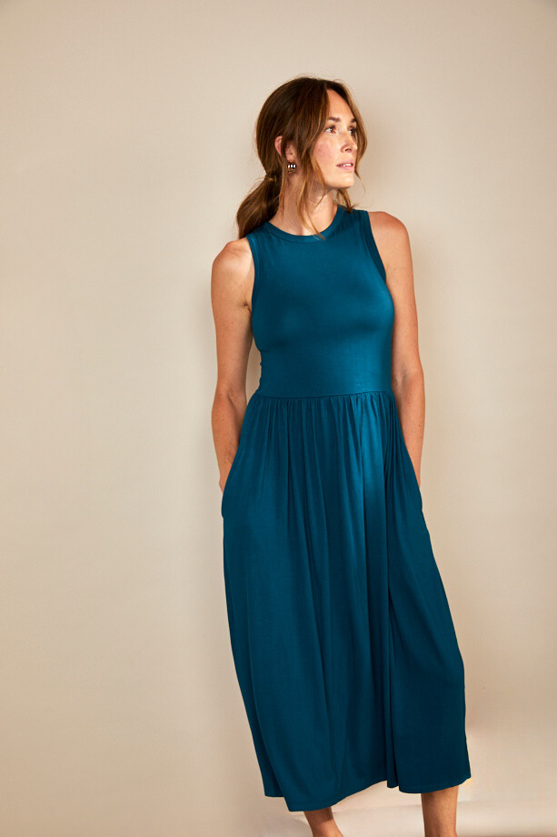 Bshirt Women's Racer Back Gathered Dress in Teal