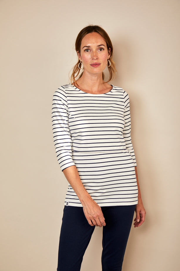 Bshirt Nursing 3/4th Sleeve T-shirt in White & Navy Stripe